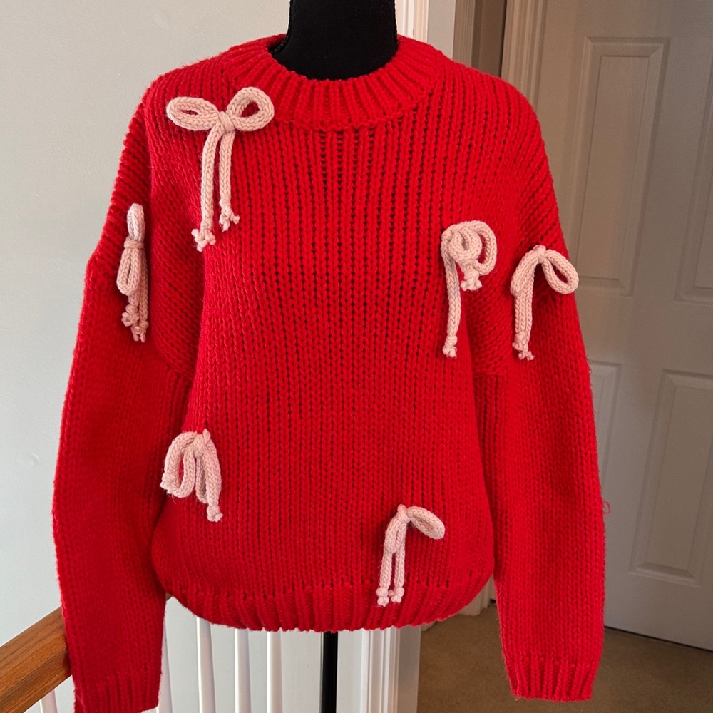 Le Lis Vibrant Red Sweater with Playful Bow Details